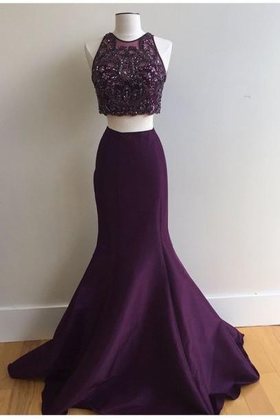 Charming Prom Dress,two Pieces Prom Dress,mermaid Prom Dress,satin Prom Dress,beading Evening Dress, Purple Prom Dresses