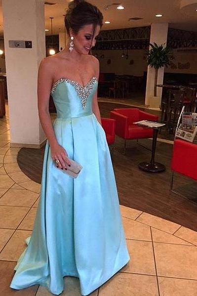 Beaded Embellished Blue Satin Sweetheart Floor Length A-line Prom Dress, Evening Dress