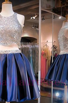 Navy Blue Homecoming Dress,2 Piece Homecoming Dresses,Beading Homecoming Gowns,Short Prom Gown,Sweet 16 Dress,Bling Homecoming Dress,2 pieces Cocktail Dress,Evening Gowns