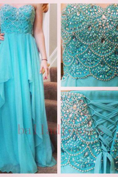 Blue Prom Dresses,Elegant Evening Dresses,Long Formal Gowns,Beaded Party Dresses,Chiffon Pageant Formal Dress,Sparkle Prom Dresses