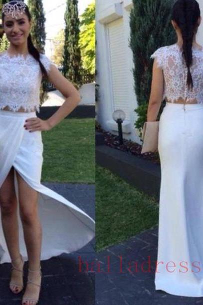 2 Piece Prom Gown,two Piece Prom Dresses,white Evening Gowns,2 Pieces Party Dresses,chiffon Evening Gowns,lace Formal Dress For Teens