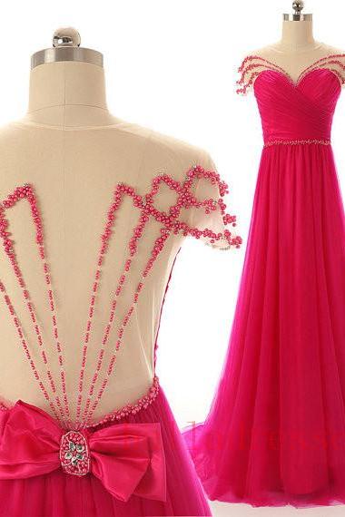 Hot Pink Prom Dresses,Backless Evening Gown,Sexy Formal Dress,Beaded Prom Dresses,2016 Fashion Evening Gown,Open Backs Evening Dress,2016 Style Prom Gowns