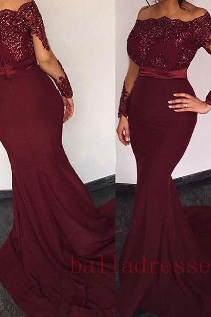 Burgundy Prom Dresses,Lace Evening Dress,Sexy Prom Dress,Prom Dresses With Long Sleeves,Charming Prom Gown,Open Back Prom Dress,Mermaid Fashion Evening Gowns for Teens