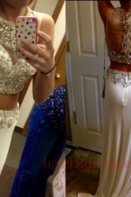 2 Piece Prom Gown,Two Piece Prom Dresses,White Evening Gowns,2 Pieces Party Dresses,Chiffon Evening Gowns,Formal Dress,Sparkly Evening Gowns For Teens
