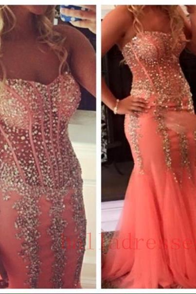 Prom Gown,pink Prom Dresses,sparkle Evening Gowns,mermaid Formal Dresses,pink Prom Dresses 2016,tulle Evening Gowns,backless Prom Gown