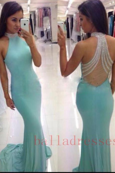 Mint Green Prom Dresses,Backless Evening Gowns,Sexy Formal Dresses,Beaded Prom Dresses,Fashion Evening Gown,Open Backs Evening Dress
