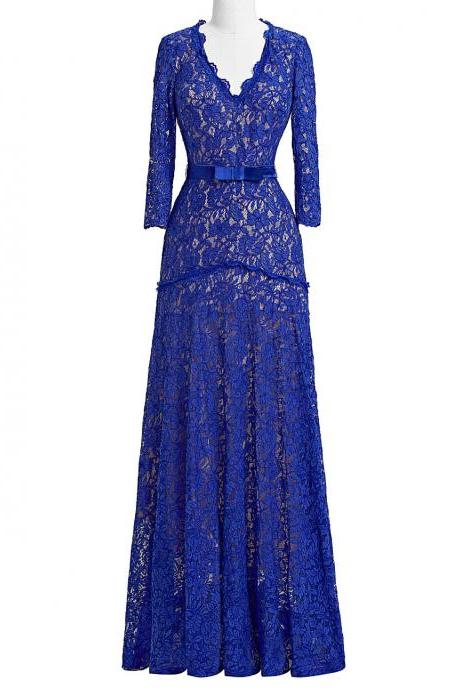 Royal Blue Lace Sheath Long Sleeves V-neck Mother Of The Bride Dresses