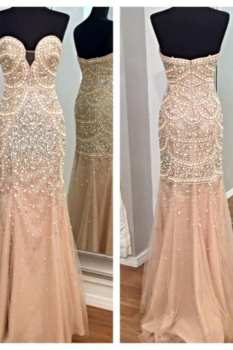 Champagne Prom Dresses,mermaid Prom Gowns,tulle Prom Dresses,beading Prom Dresses,mermaid Prom Gown,2017 Prom Dress,evening Gonw With Silver