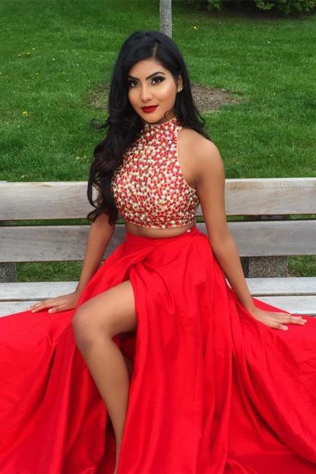 Red Prom Dresses,2 Piece Prom Gown,two Piece Prom Dresses,satin Prom Dresses, Style Prom Gown,2017 Prom Dress,backless Prom Gowns