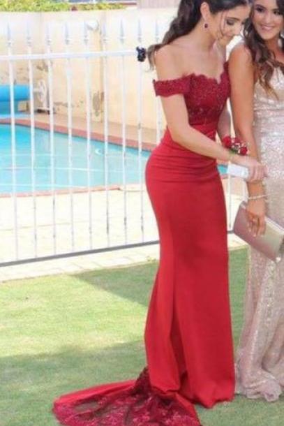 Prom Gown,red Prom Dresses With Lace,off The Shoulder Evening Gowns,mermaid Formal Dresses,red Prom Dresses