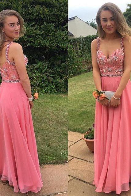 Pink Prom Dresses,Pink Evening Gowns,Simple Formal Dresses,Prom Dresses,Teens Fashion Evening Gown,Beadings Evening Dress,Pink Party Dress,Chiffon Prom Gowns