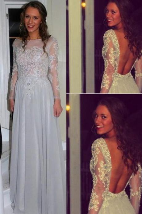 Backless Lace Long Sleeve Custom Made Prom Dresses, Floor-length Evening Dress,prom Dresses