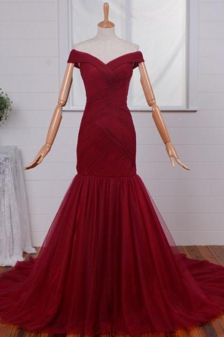 Off-shoulder Ruched Mermaid Prom Dress-dark Red Tulle Long Prom Dress