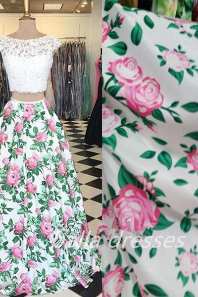 Prom Dress, Printed Flower Long Prom Dress Two Pieces, Open Back Lace Top Prom Dresses ,pretty A-line Evening Dresses