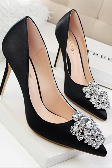 Pointed Toe High Heel Satin Pumps with Crystal Adornments, Prom Heel, Bridal Shoes