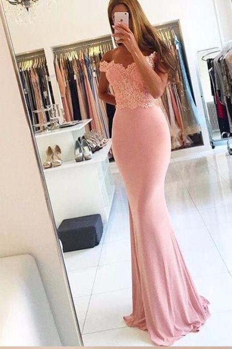 Lace Beading Pink Mermaid Formal Prom Dresses Off-the-shoulder Floor-length Wedding Party Gowns Custom