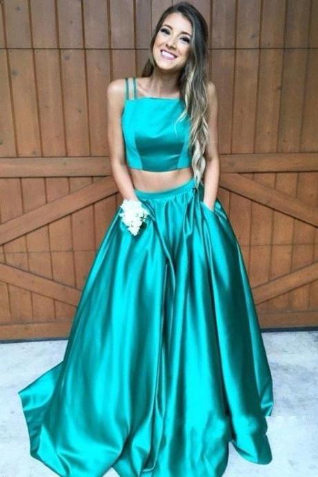 Newest Two Pieces Sweep Train Prom Dresses Sleeveless Straps A-line Satin Formal Evening Gowns