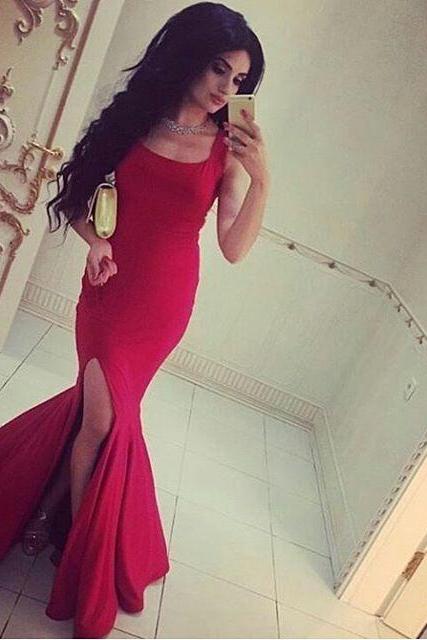 Simple Red Mermaid Square Collar Prom Dresses Sleeveless Long Side-slit Evening Party Gowns Custom