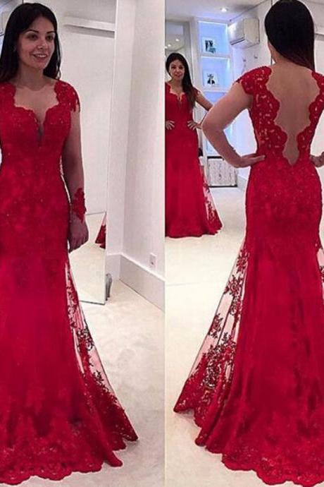 Modern Lace Sweetheart Red Mermaid Prom Dresses Long Sleeve Backless Long Evening Party Gowns Custom