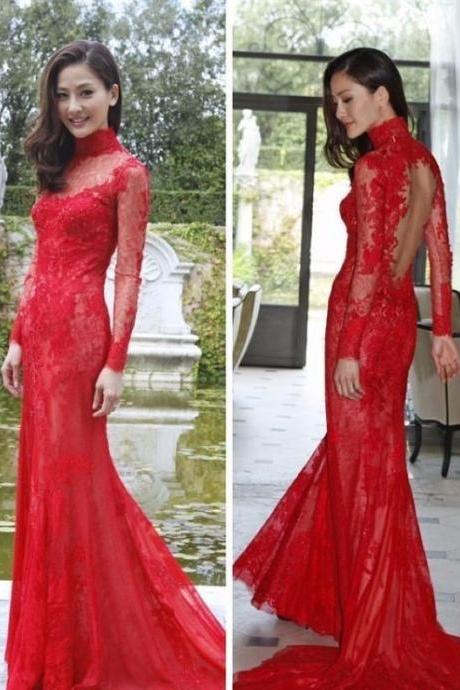 Arrival High Neck Lace Mermaid Red Evening Dresses Long Sleeve Backless Sweep Train Wedding Party Gowns