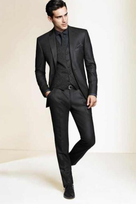 Wholesale 2017 Black Slim Fit Custom Made Mens Tuxedo Wedding Suits For Men Groom / Groomsmen Tuxedos Mens Wedding Suits Slim Fit Men Groom Suit