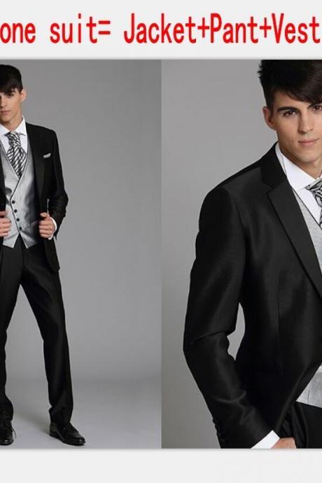 Korea-Satin Bright Silver With Black Brim Man Groom Tuxedos Wedding Suits Prom/Formal Suit (Jacket+Pants+Vest)Custom Made