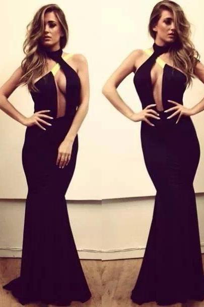 Cheap Sexy Halter Mermaid Black Prom Dresses 2016 Sweep Train Evening Party Gowns Custom Made