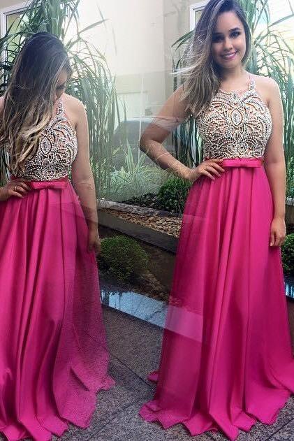 Halter Modern Beadings Fuchsia Satin Prom Dresses 2017 Sleeveless A-line Long Party Evening Gowns