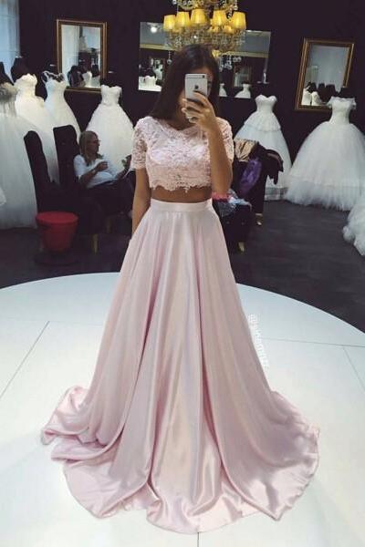 Beautiful Two Pieces Short Sleeve Prom Dresses 2017 Lace A-Line Party Gown