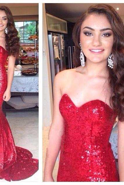 Glamorous Red Sequins Mermaid Prom Dresses 2017 Sweep Train Elegant Shinny Party Evening Gowns