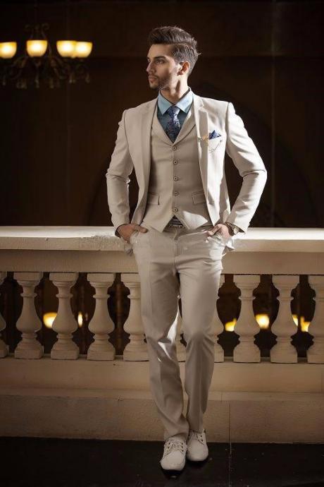 Beige Two Buttons Notch Lapel Men Suits Slim Fit Costumewedding Dress Groom Tuxedos Prom Suitscoat Jackets+vest+pants