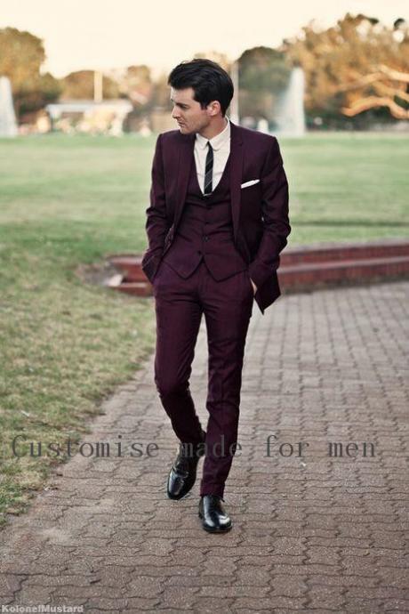 Back Vent Purple Notch Lapel Groom Tuxedos Groomsmen Mens Wedding Tuxedos Clothing Prom Suits Tailor Made Jackets+Vest+Pants