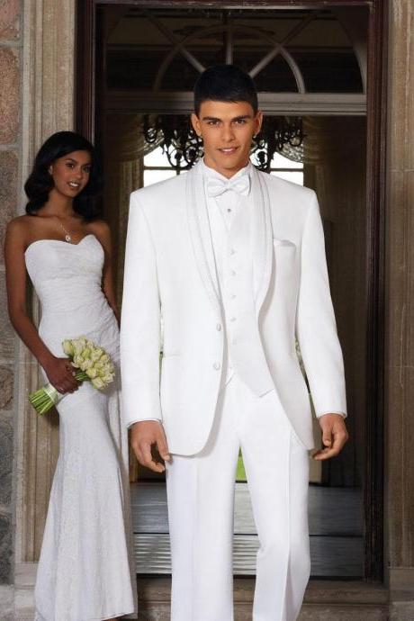 High Quality Shawl Lapel Men Tuxedos White Wedding Suits For Men Slim Fit Groomsmen Suits Formal Men Wedding