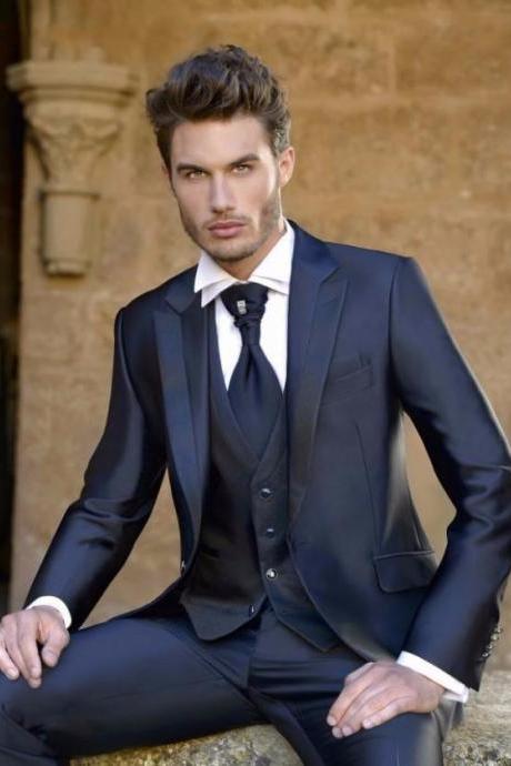 Fashion Mens Dinner Party Prom Navy Blue Suits Groom Tuxedos Groomsmen Wedding Blazer Suits (jacket+pants+vest）