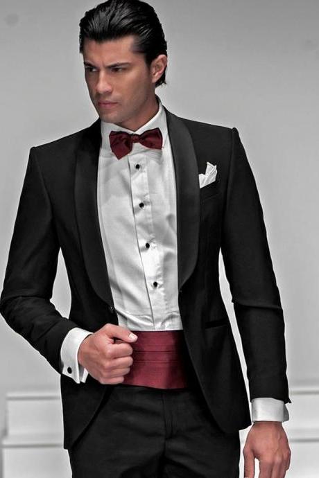 Groomsmen Shawl Satin Lapel Groom Tuxedos Black Men Suits Wedding Man (jacket+pants+waist Sealing)
