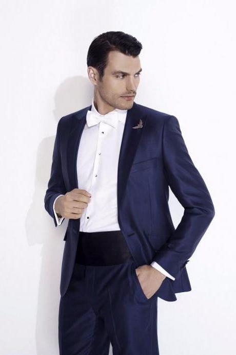 Custom Made Groomsmen Peak Lapel Groom Tuxedos Navy Blue Blue Mens Suits Wedding Best Man ( Jackets+waist Sealing+pants）