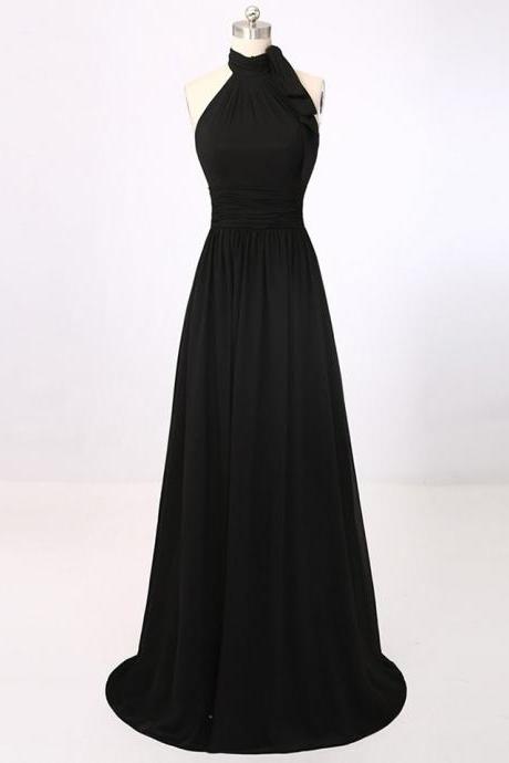Modest Prom Dresses,sexy Prom Dress, A-line Black Halter Summer Party Dresses Simple Chiffon Long Prom Dress