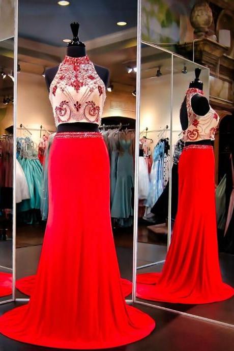 Modest Prom Dresses,Sexy New Prom Dress,High Collar Two Piece Prom Dresses Beading Open Back Long 2017 Evening Gowns