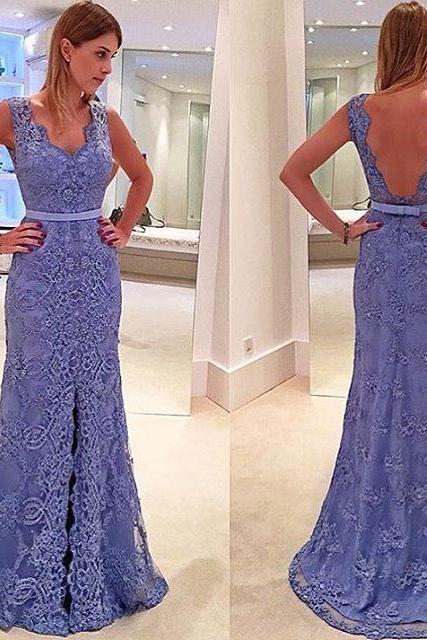 Modest Prom Dresses,sexy Prom Dress,a-line Lace Front Split Straps Delicate Sleeveless Prom Dress 2017