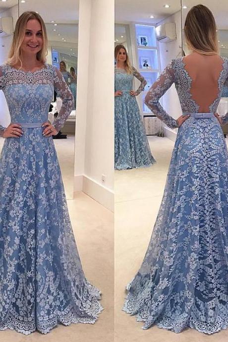 Modest Prom Dresses,sexy Prom Dress,delicate Lace Long Sleeves Evening Gowns Backless A-line Sweep Train Prom Dress