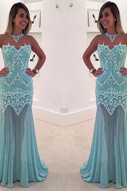 Prom Dresses,Prom Dress,Sexy Appliques High Neck Evening Dress Sleeveless Lace Mermaid Prom Dress 2017