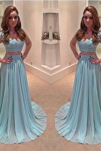 Modest Prom Dresses,sexy Prom Dress,lace Chiffon Sweep Train Evening Gowns Newest Two Piece A-line Prom Dress