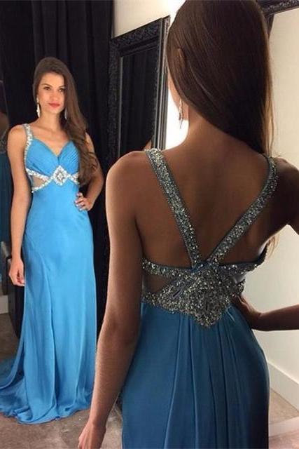 Prom Dresses,prom Dress,blue Chiffon Prom Dresses 2017 Sleeveless Crystals Long Evening Gowns