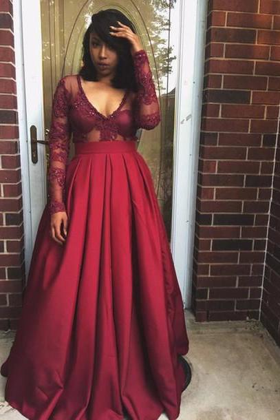 Modest Prom Dresses,sexy Prom Dress,beading A-line Burgundy Lace Prom Dress Formal Occasion Dresses
