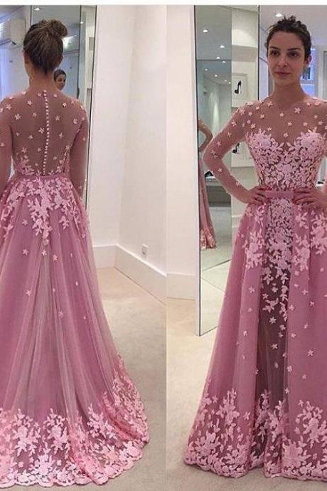 Modest Prom Dresses,sexy Prom Dress,gorgeous 2017 Pink Long Sleeves Lace Appliques Sheer Prom Dresses With Overskirt