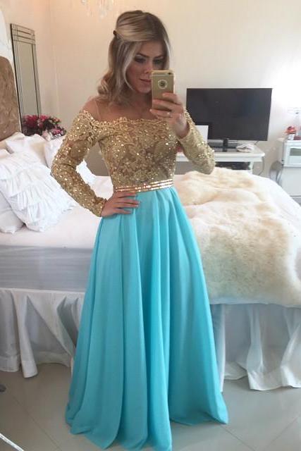 Prom Dresses,prom Dress,sparkly Off The Shoulder Long Sleeve Evening Gown A-line Lace Chiffon Blue Prom Dress