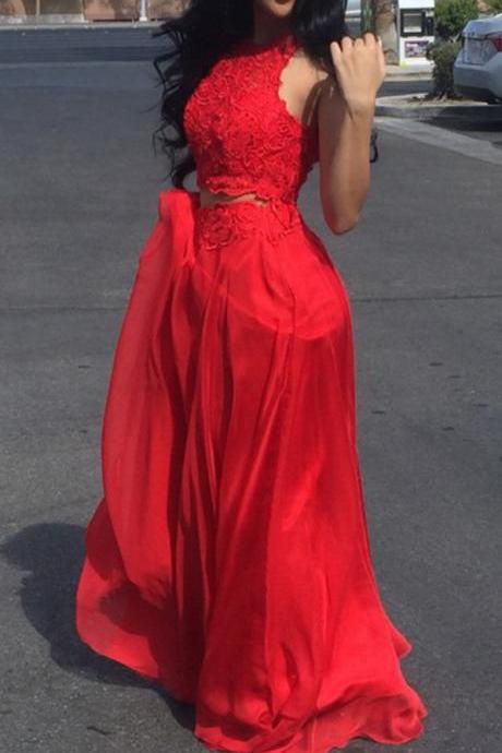 2 Piece Prom Gown,two Piece Prom Dresses,red Evening Gowns,2 Pieces Party Dresses,tulle Evening Gowns,lace Formal Dress For Teens