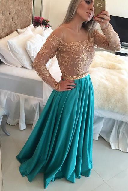 Prom Dresses,prom Dress,sparkly Off The Shoulder Long Sleeve Evening Gown A-line Lace Chiffon Blue Prom Dress