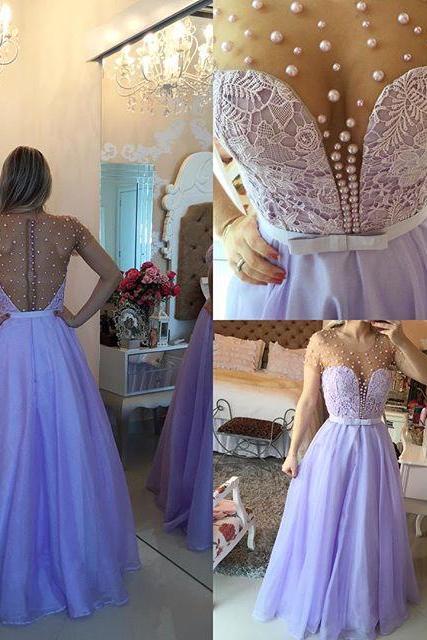 Modest Prom Dresses,sexy Prom Dress,short Sleeve Lavender Lace Prom Dress With Beadings Floor Length Prom Dresses