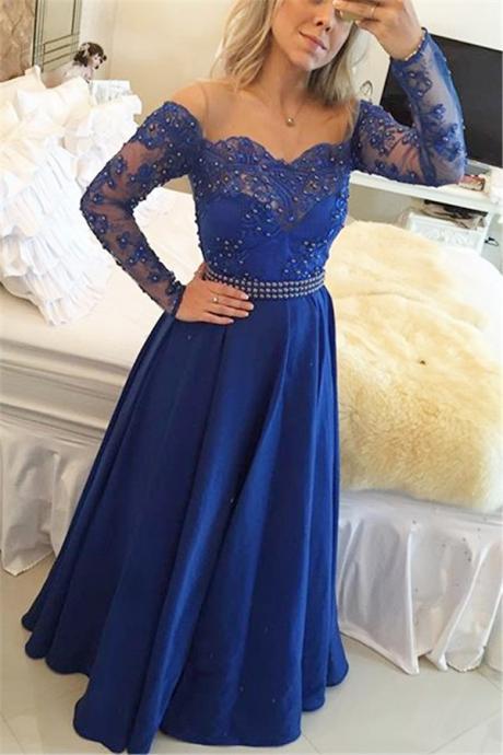Prom Dresses,prom Dress,sparkly Off The Shoulder Long Sleeve Evening Gown A-line Lace Chiffon Royal Bllue Prom Dress